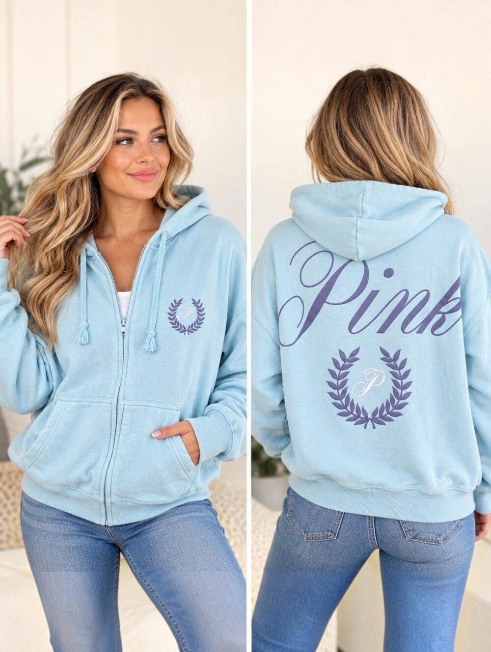 Pink Varsity Zip Up Hoodie